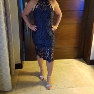 Mock neck navy blue lace Bardot Dress